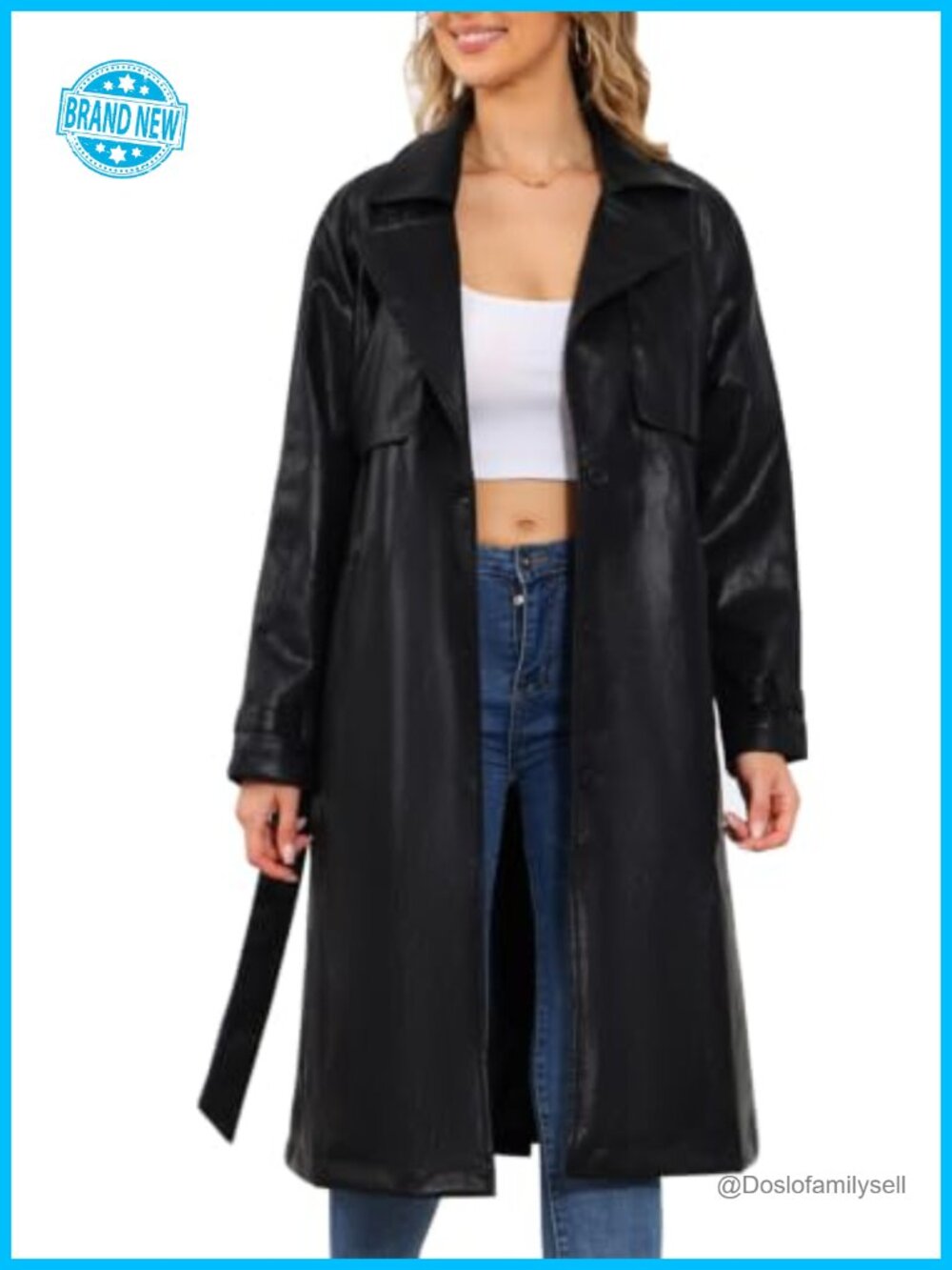 Faux Leather Trench Coat Mid-Long Belted Overcoat Notch Lapel